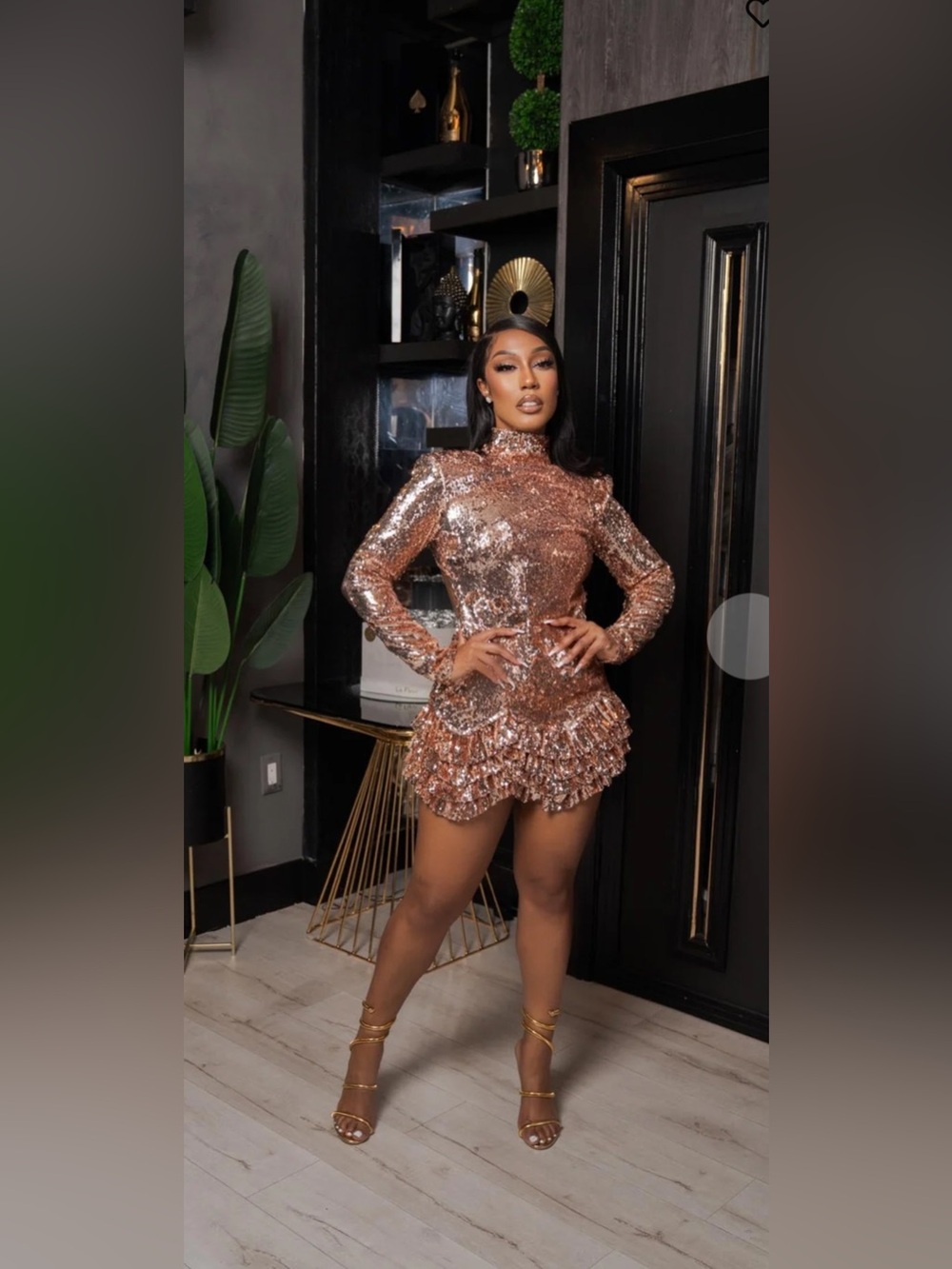 Rose Gold Sequin Long Sleeve Ruffle Mini Dress